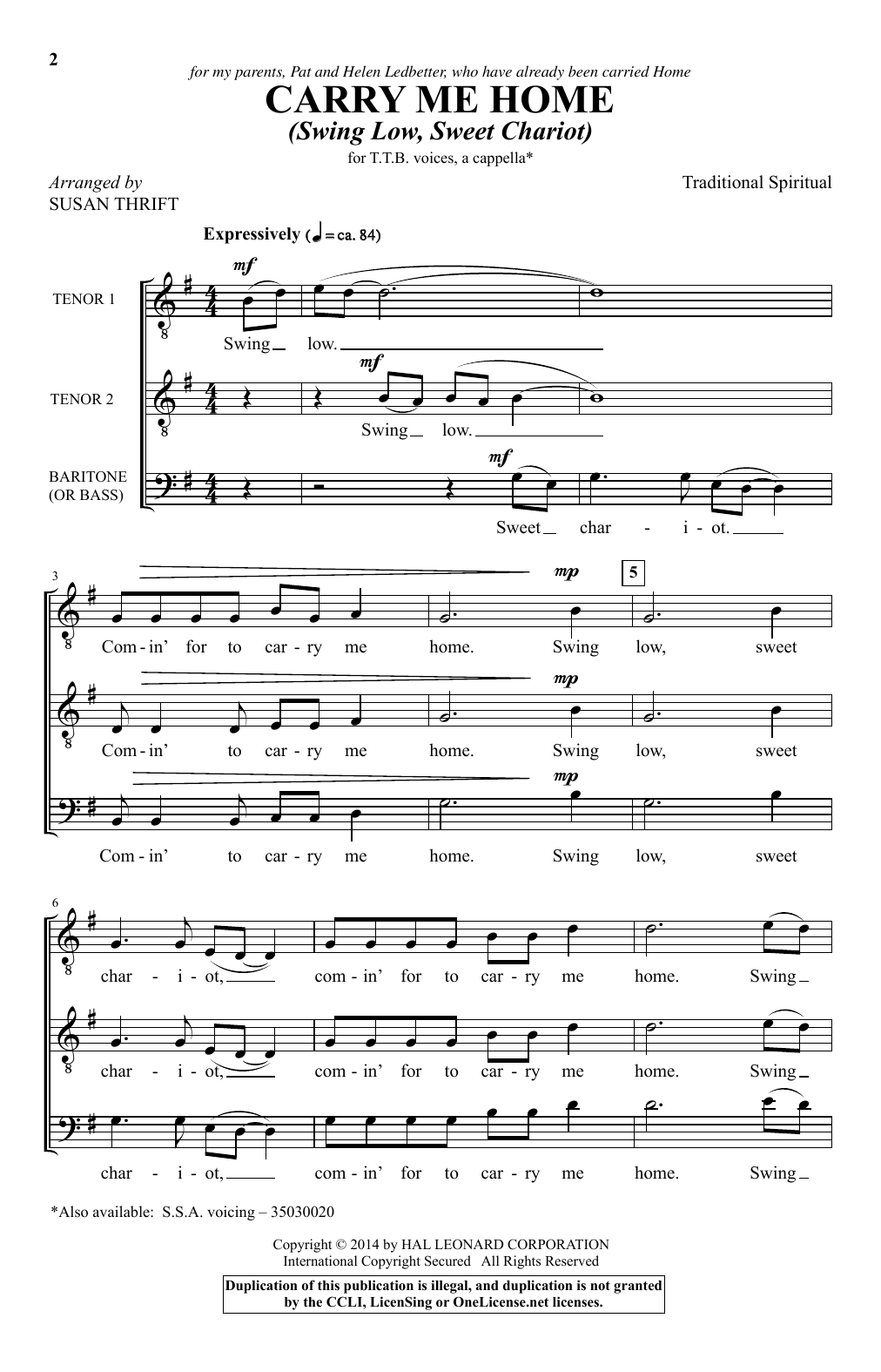 Susan Thrift Carry Me Home (Swing Low, Sweet Chariot) Sheet Music