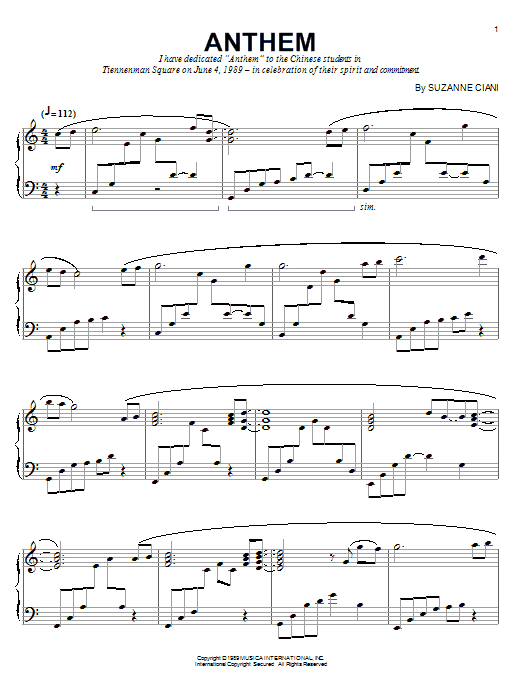Suzanne Ciani Anthem Sheet Music