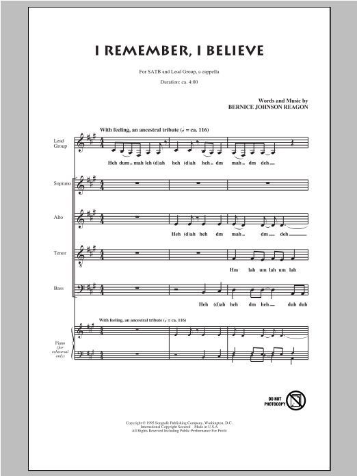 Sweet Honey In The Rock I Remember, I Believe Sheet Music