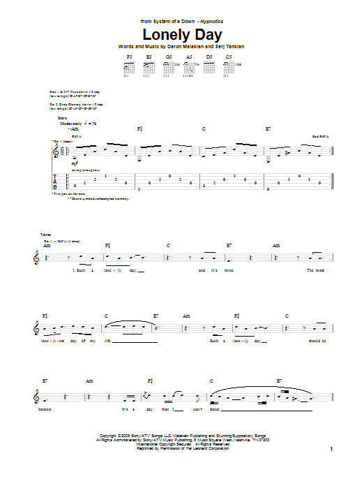 System Of A Down Lonely Day Sheet Music