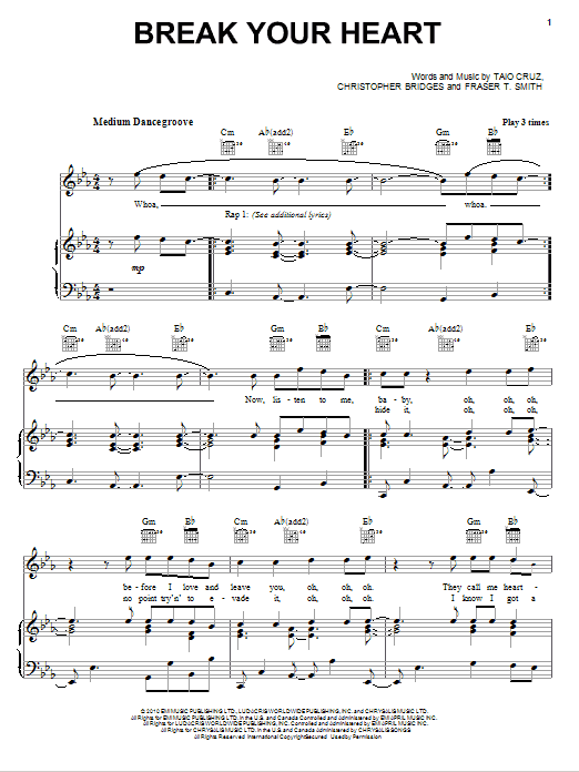 Taio Cruz featuring Ludacris Break Your Heart Sheet Music