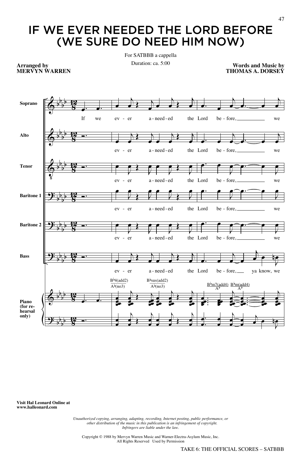Take 6 If We Ever (Needed The Lord Before) Sheet Music