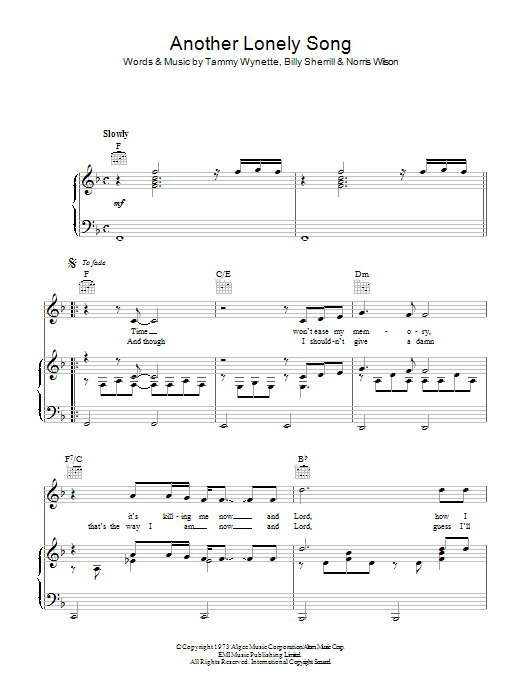 Tammy Wynette Another Lonely Song Sheet Music