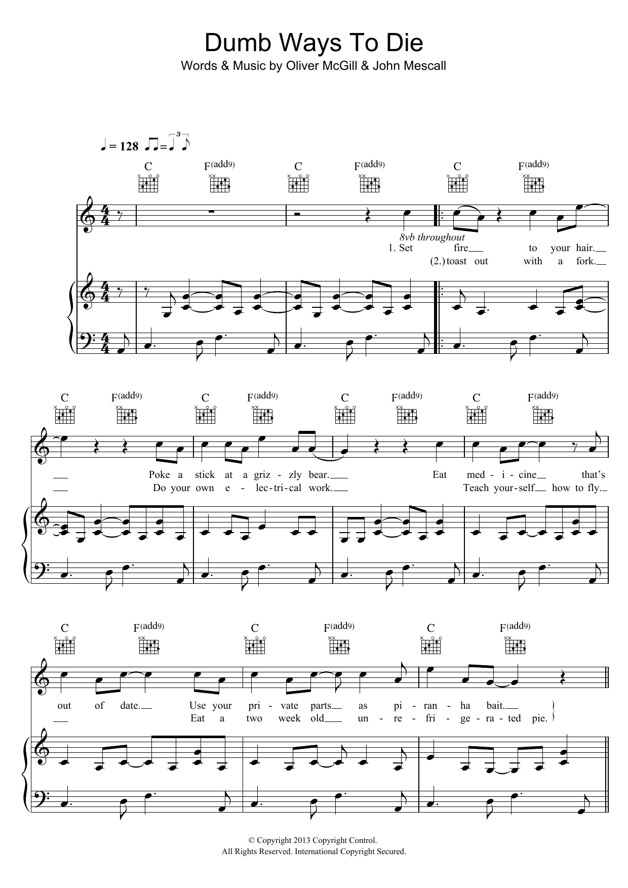 Tangerine Kitty Dumb Ways To Die Sheet Music