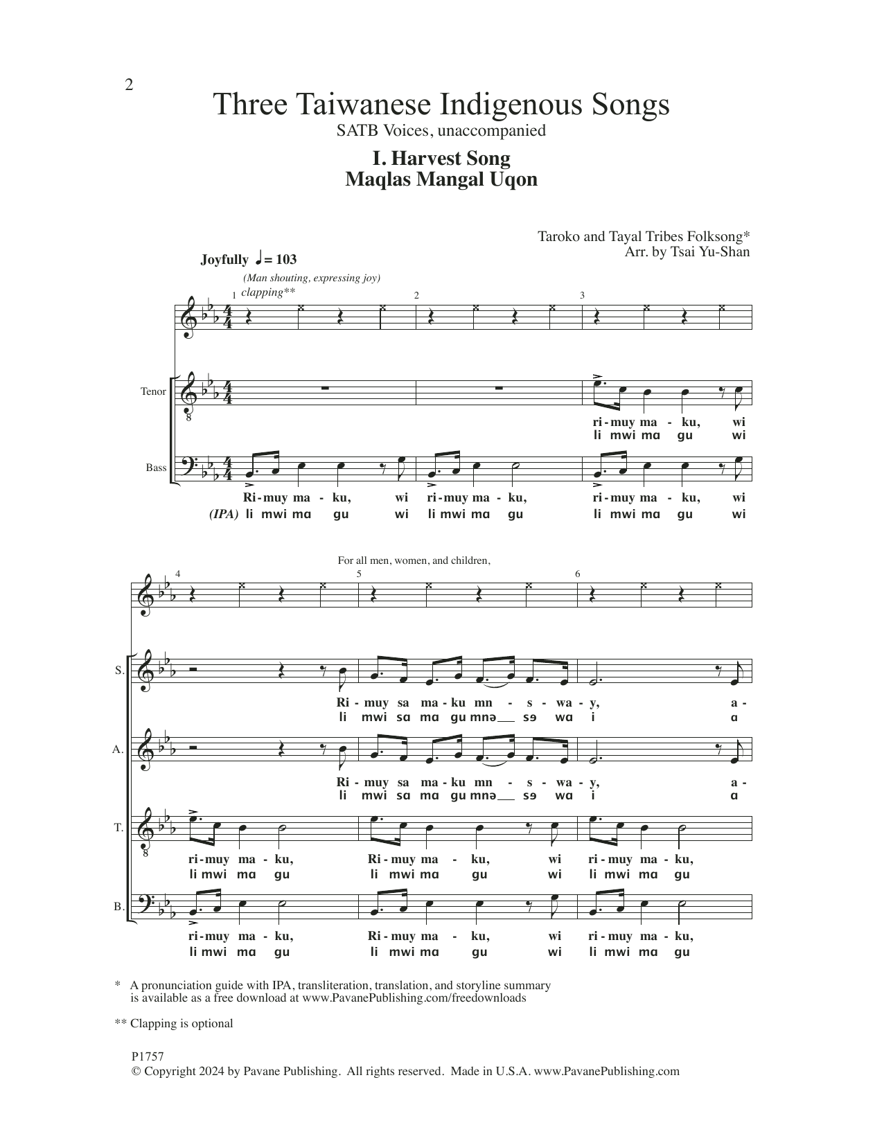 Taroko Tribe Folksong Three Taiwanese Indigenous Songs (arr. Tsai Yu-shan) Sheet Music