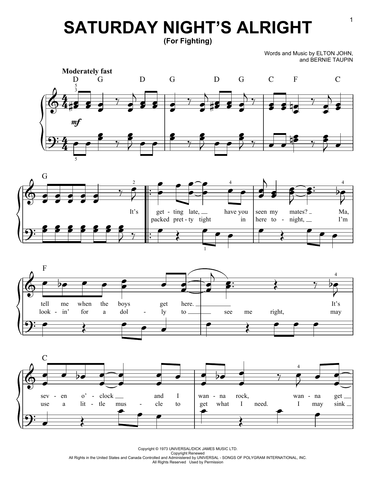 Taron Egerton & Kit Connor Saturday Night's Alright (For Fighting) (from Rocketman) Sheet Music