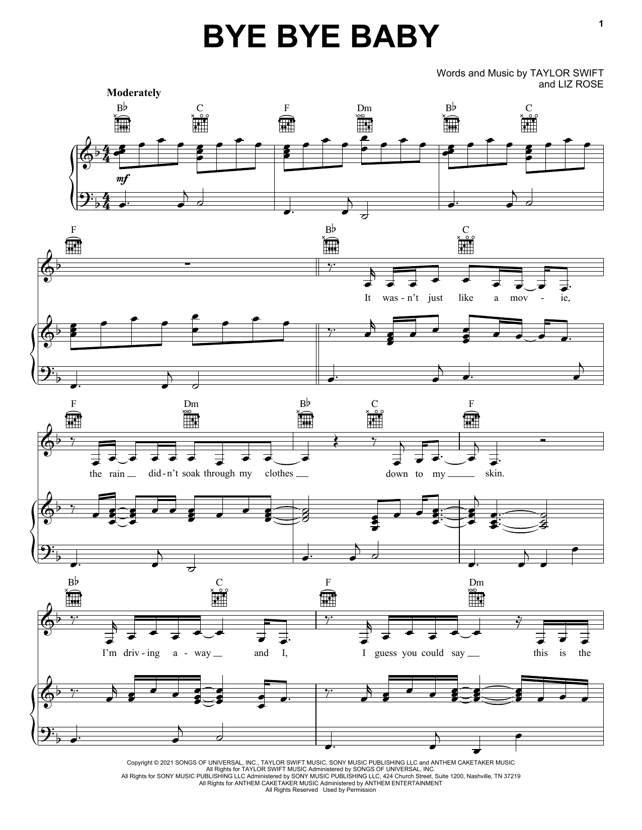 Taylor Swift Bye Bye Baby (Taylor's Version) (From The Vault) Sheet Music