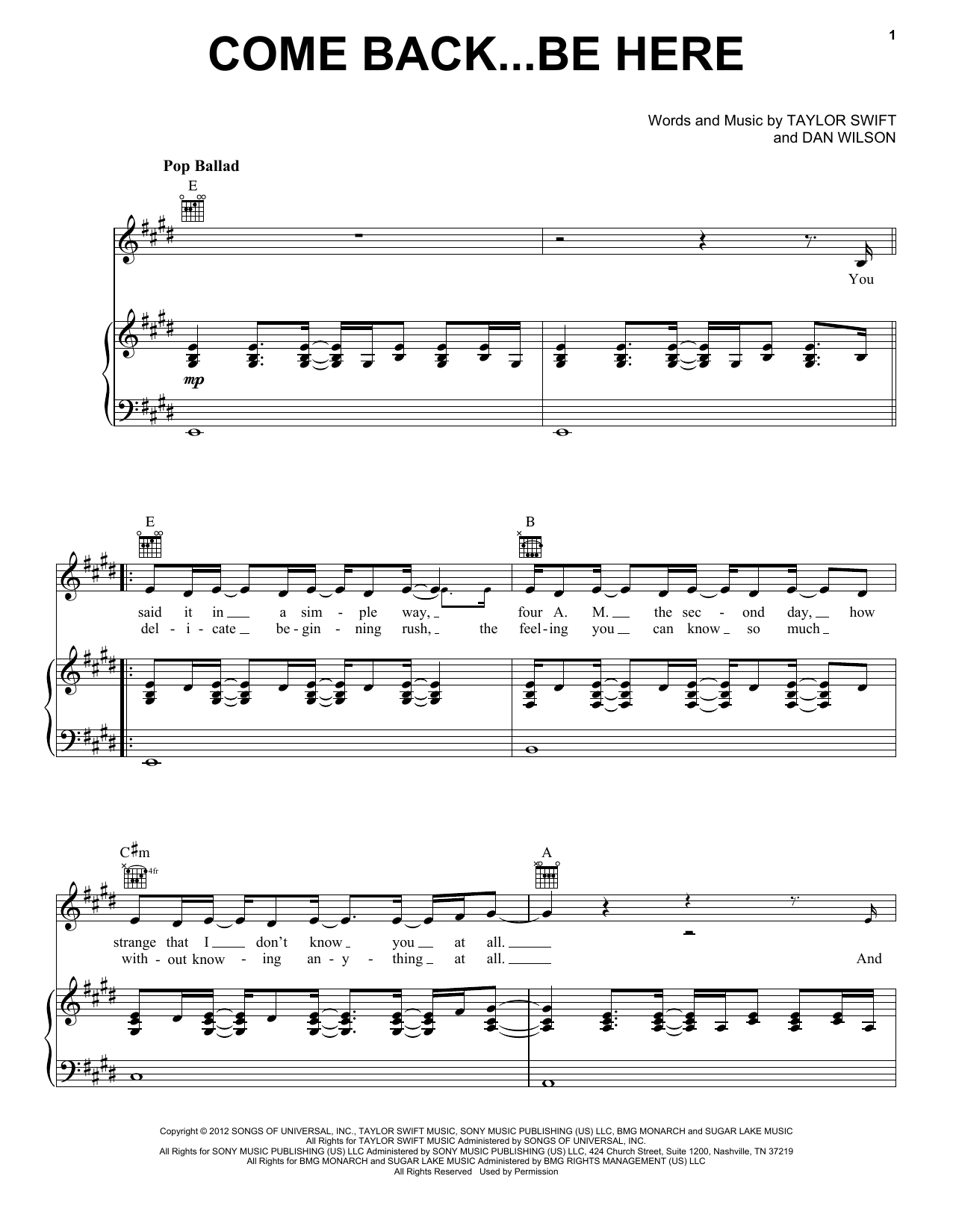 Taylor Swift Come Back...Be Here (Taylor's Version) Sheet Music