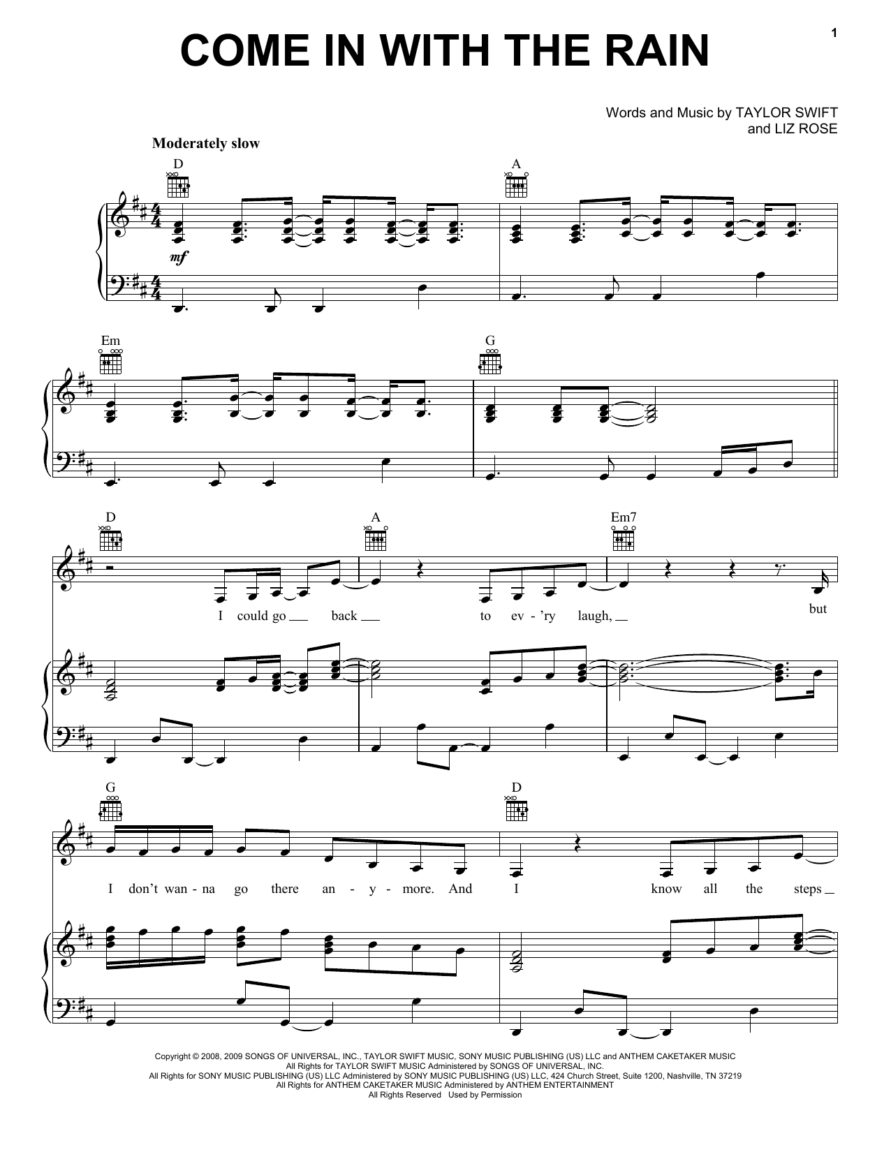Taylor Swift Come In With The Rain Sheet Music