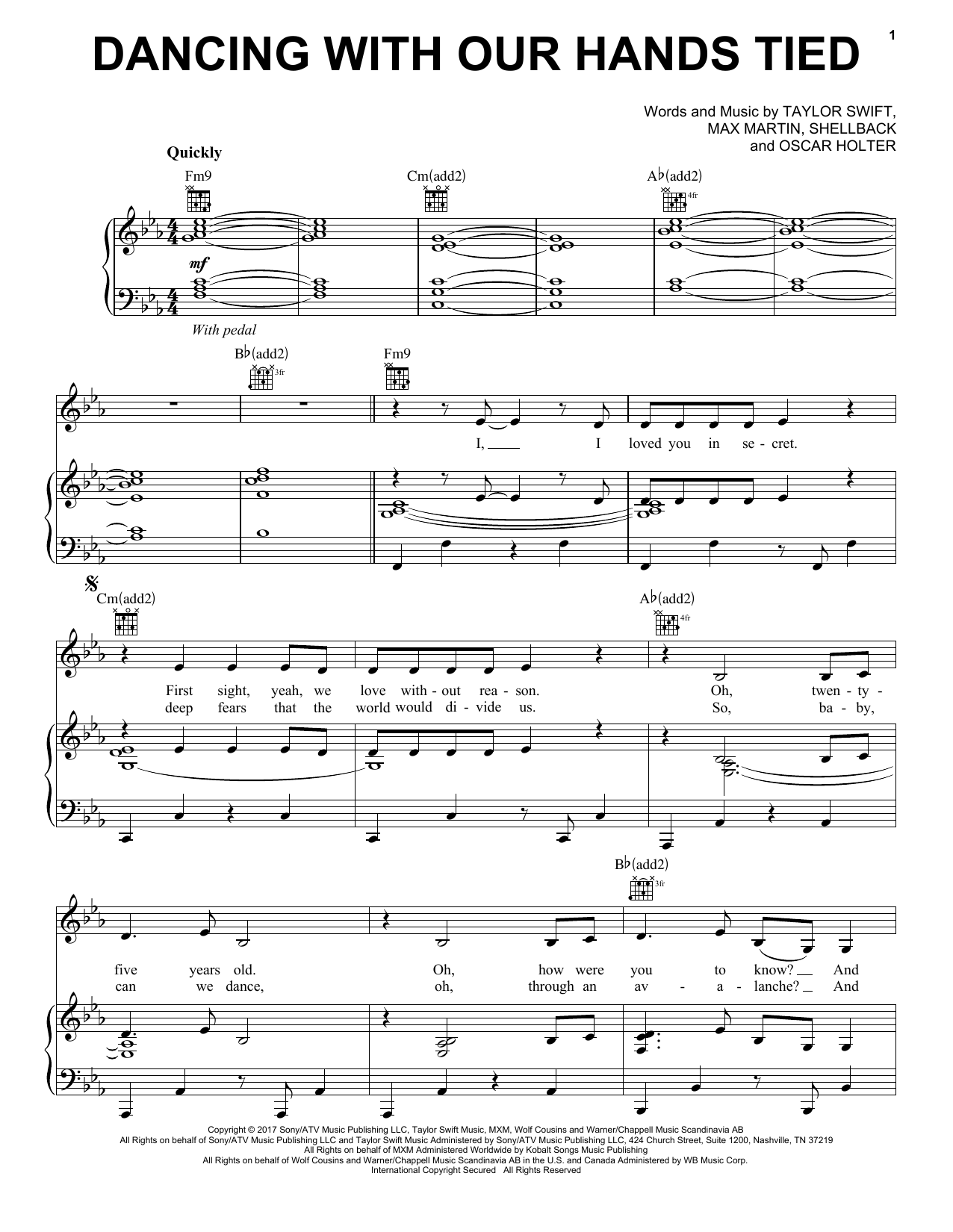 Taylor Swift Dancing With Our Hands Tied Sheet Music