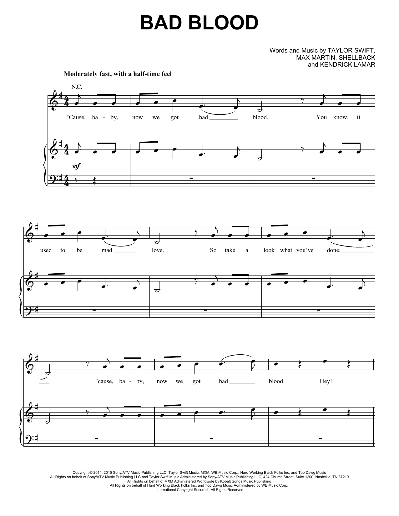 Taylor Swift (feat. Kendrick Lamar) Bad Blood Sheet Music