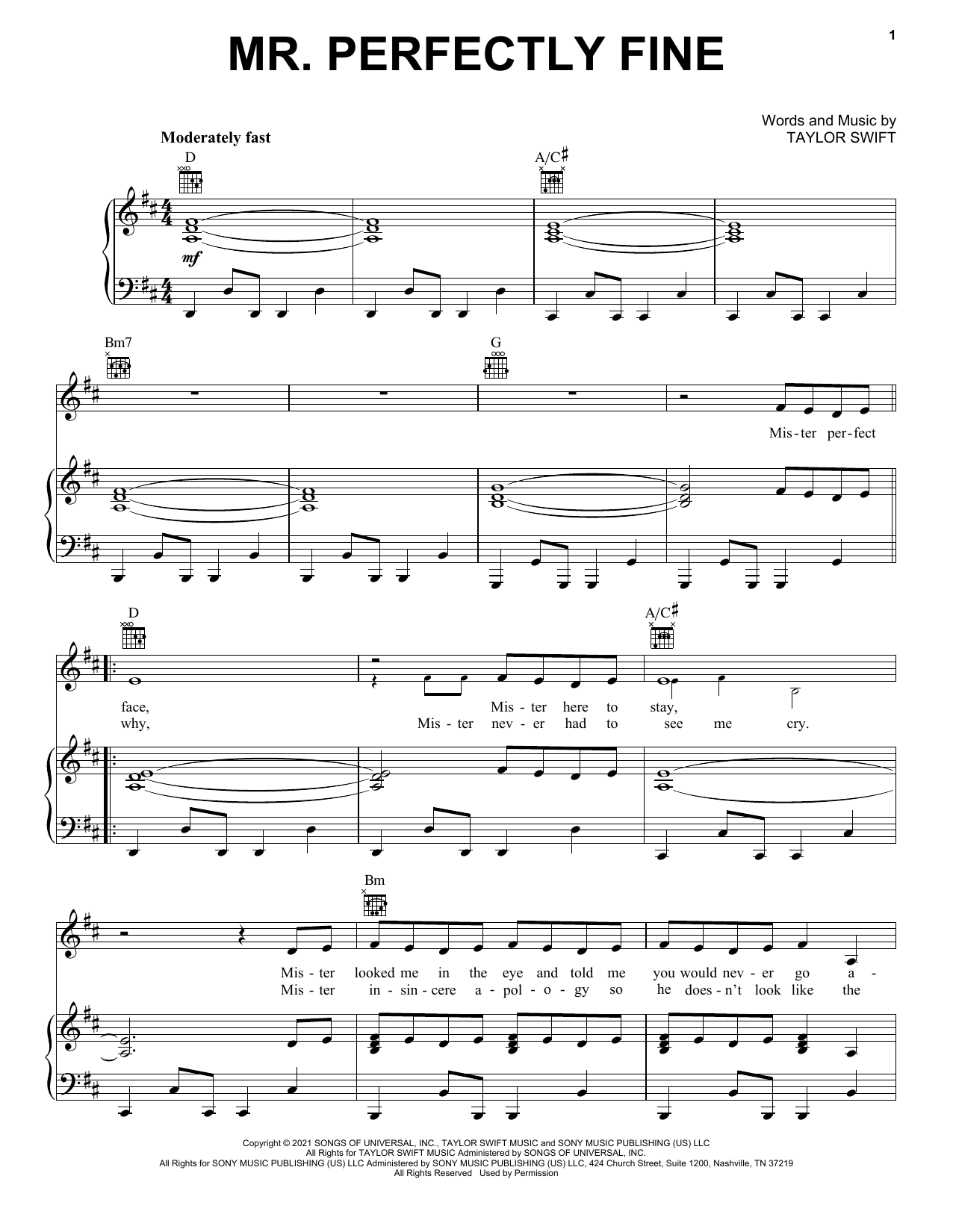 Taylor Swift Mr. Perfectly Fine (Taylor's Version) (From The Vault) Sheet Music