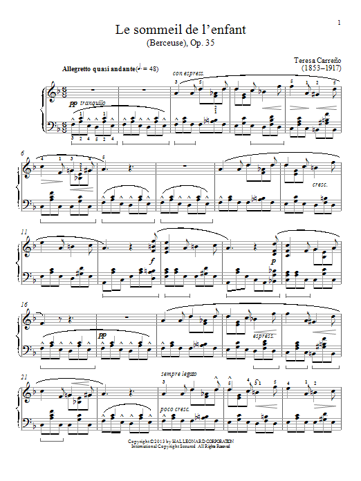 Teresa Carreno Le sommeil de l'enfant (Berceuse), Op. 35 Sheet Music