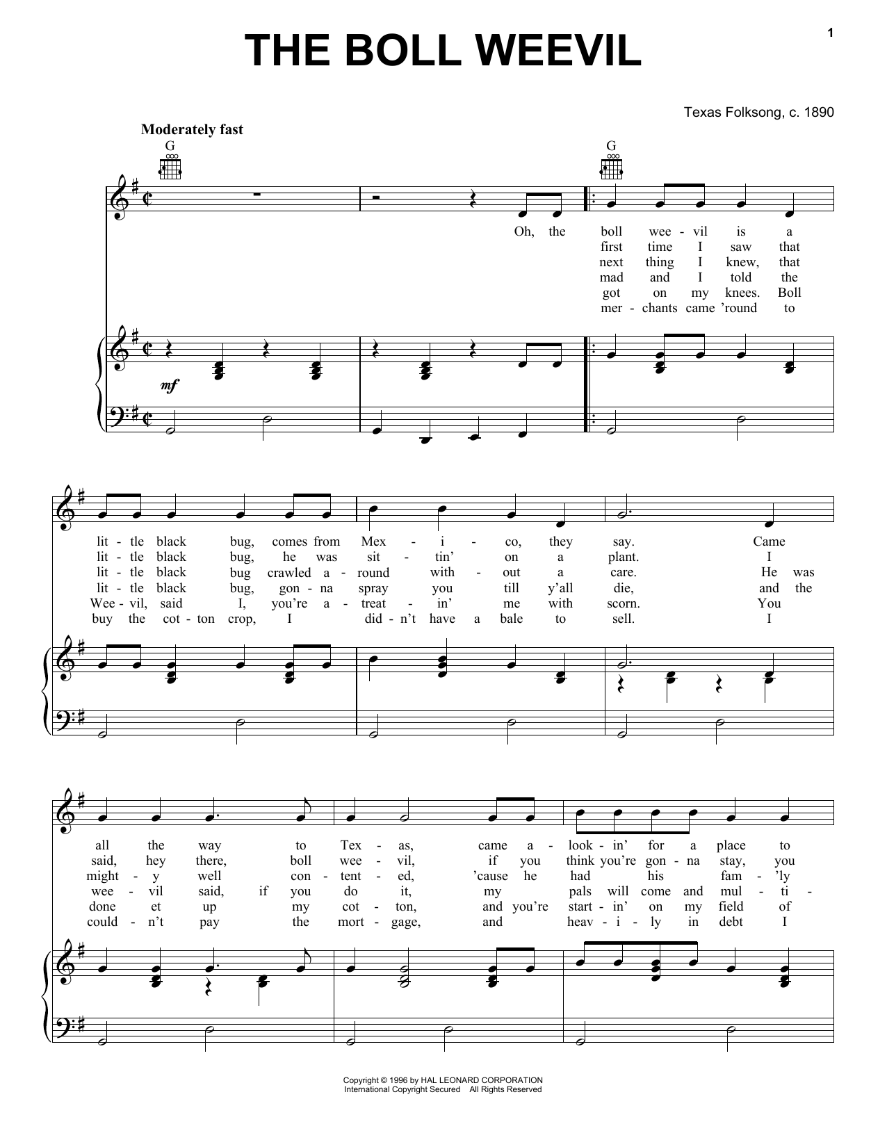 Texas Folksong The Boll Weevil Sheet Music
