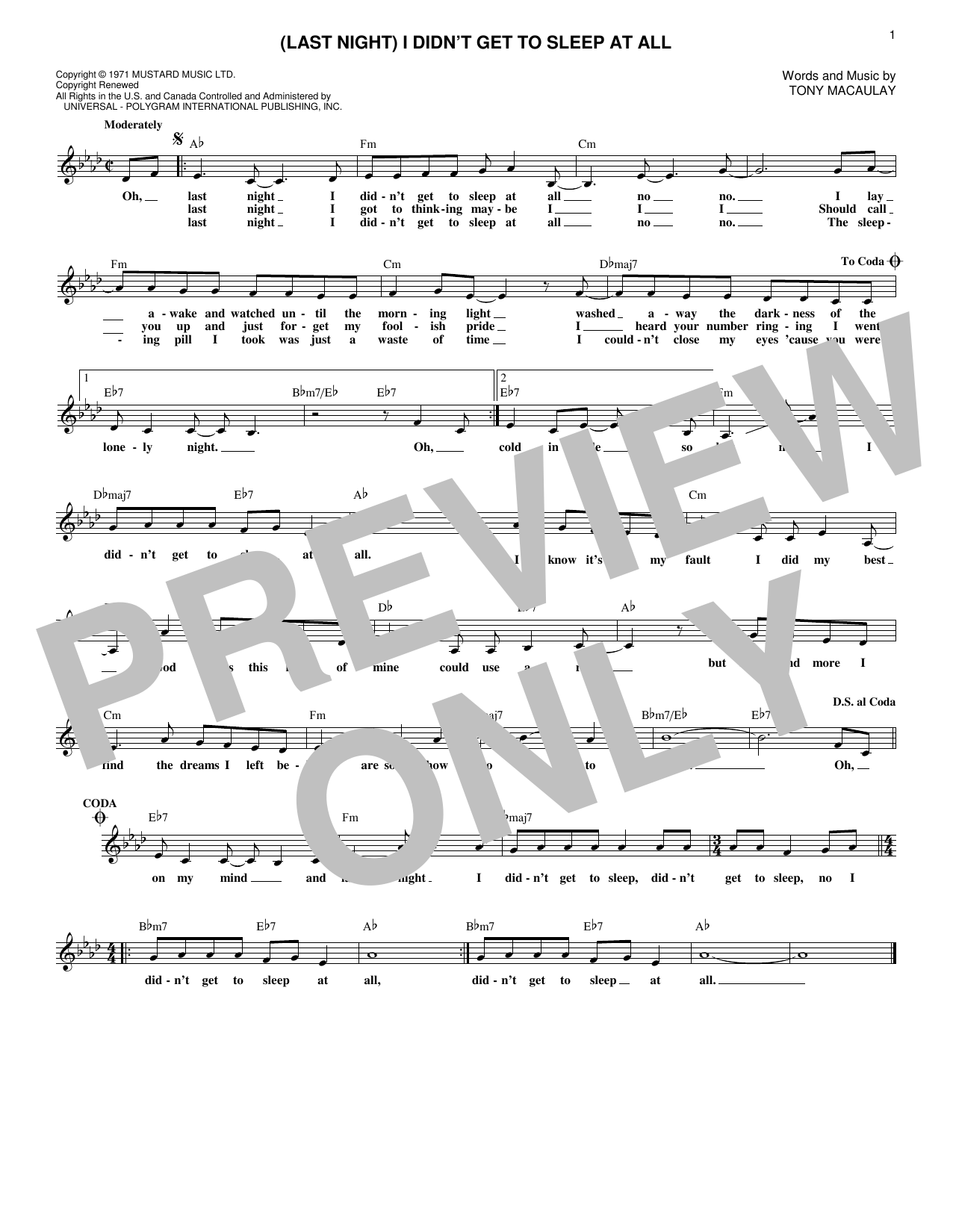 The 5th Dimension (Last Night) I Didn't Get To Sleep At All Sheet Music