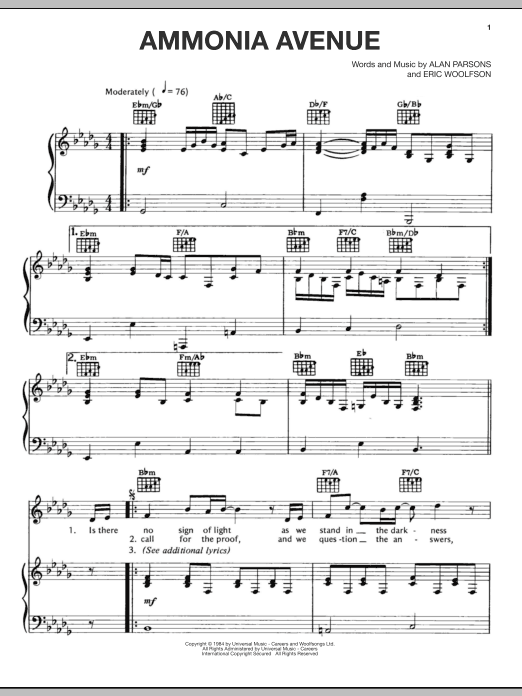 Alan Parsons Project Ammonia Avenue Sheet Music