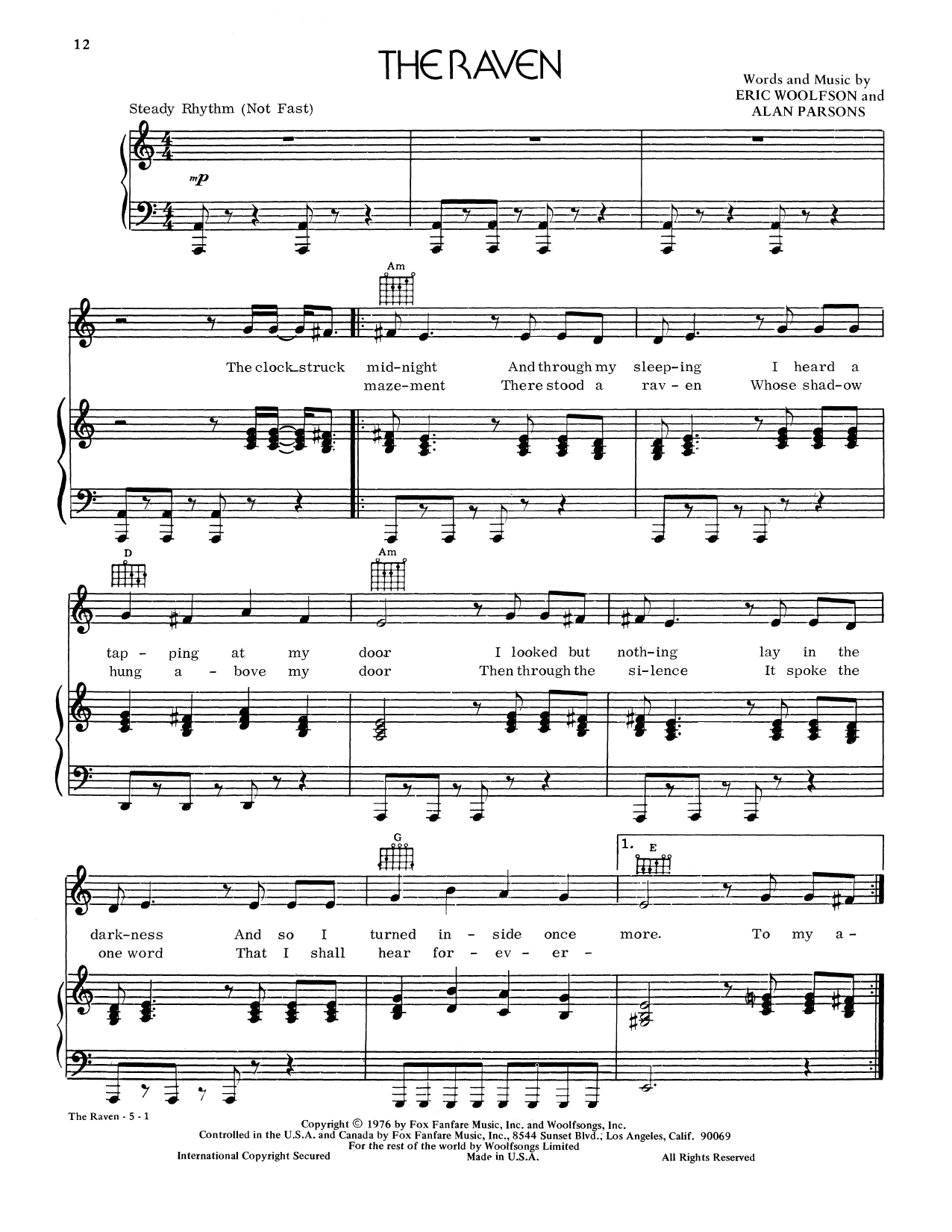 Alan Parsons Project The Raven Sheet Music