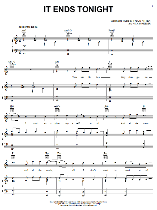 The All-American Rejects It Ends Tonight Sheet Music