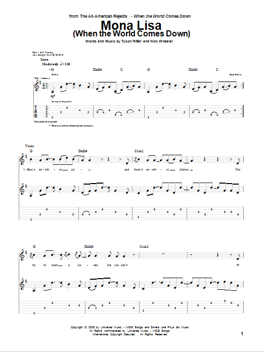 The All-American Rejects Mona Lisa (When The World Comes Down) Sheet Music