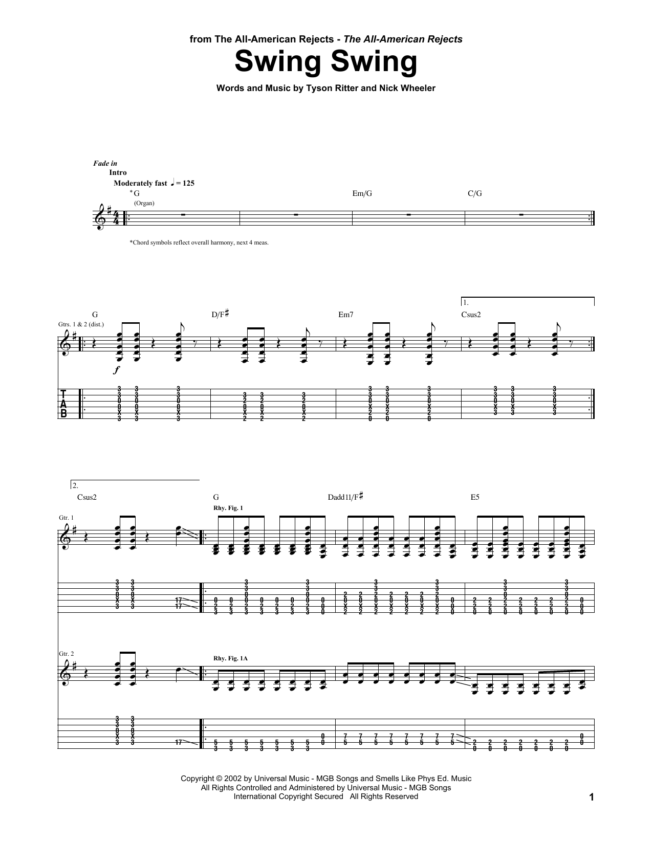 The All-American Rejects Swing Swing Sheet Music