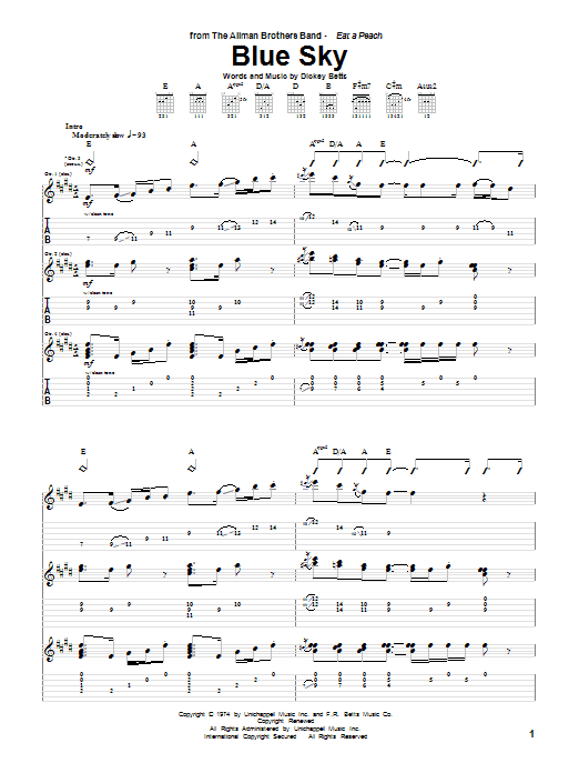 Allman Brothers Band Blue Sky Sheet Music