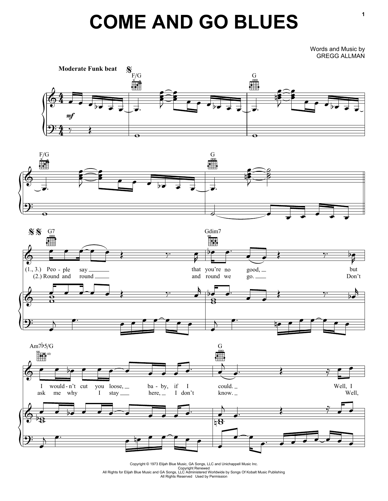 The Allman Brothers Band Come And Go Blues Sheet Music