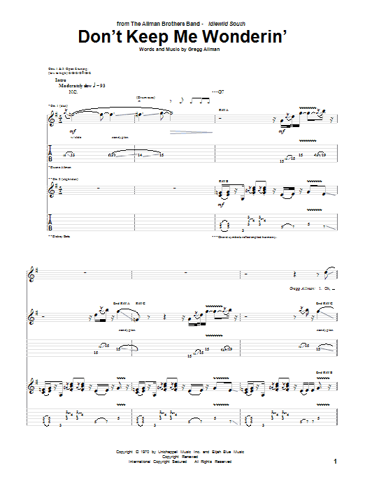 Allman Brothers Band Don't Keep Me Wonderin' Sheet Music