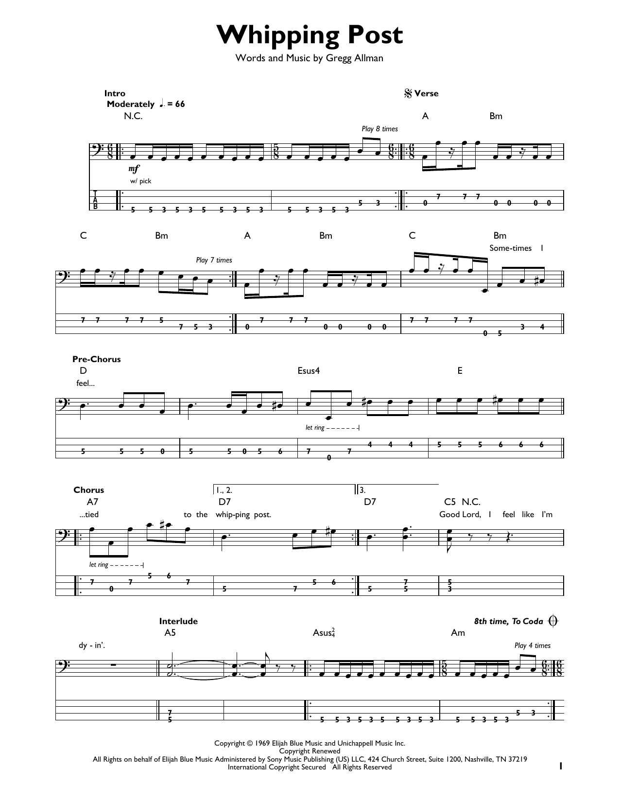 The Allman Brothers Band Whipping Post Sheet Music