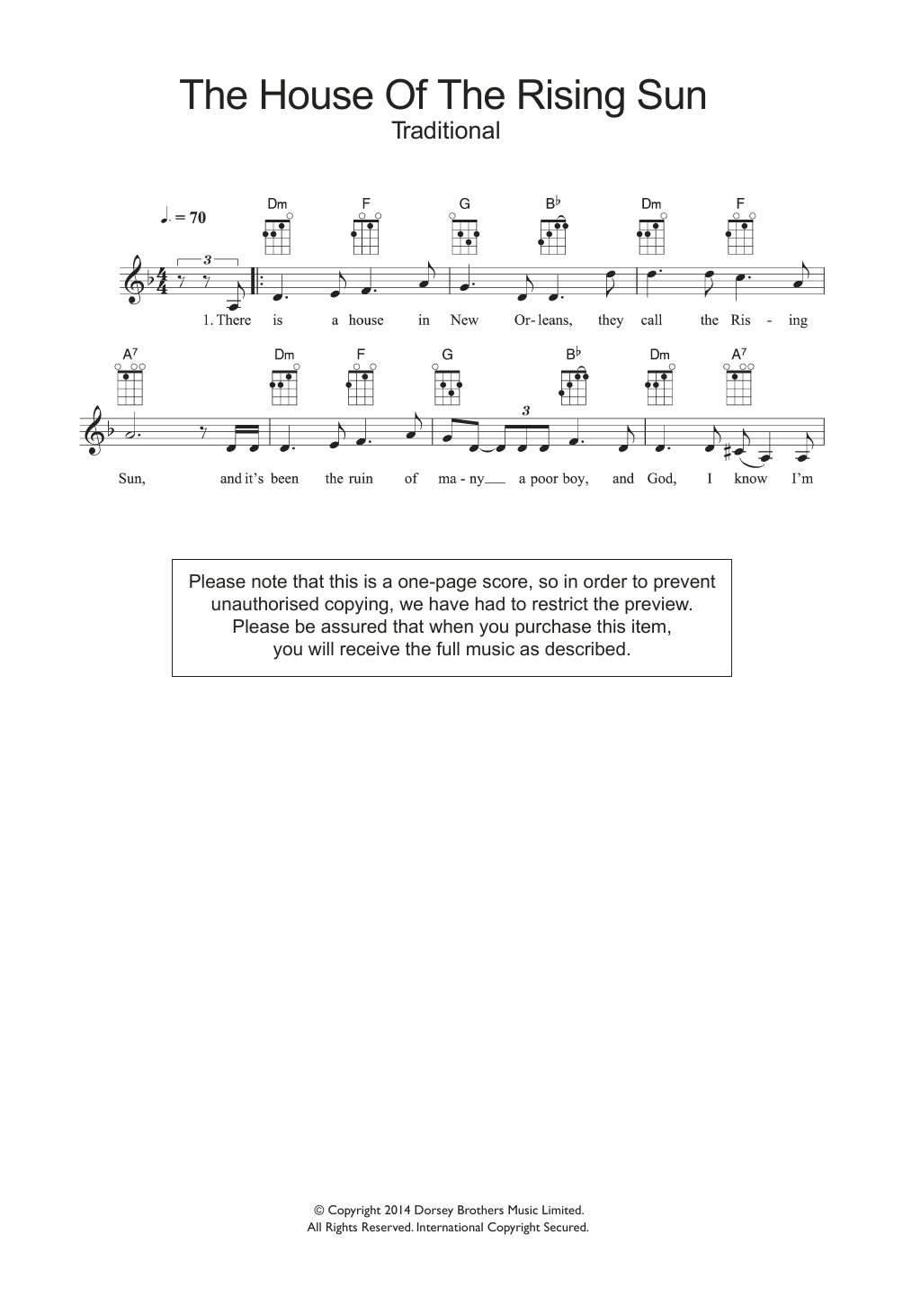 The Animals House Of The Rising Sun Sheet Music