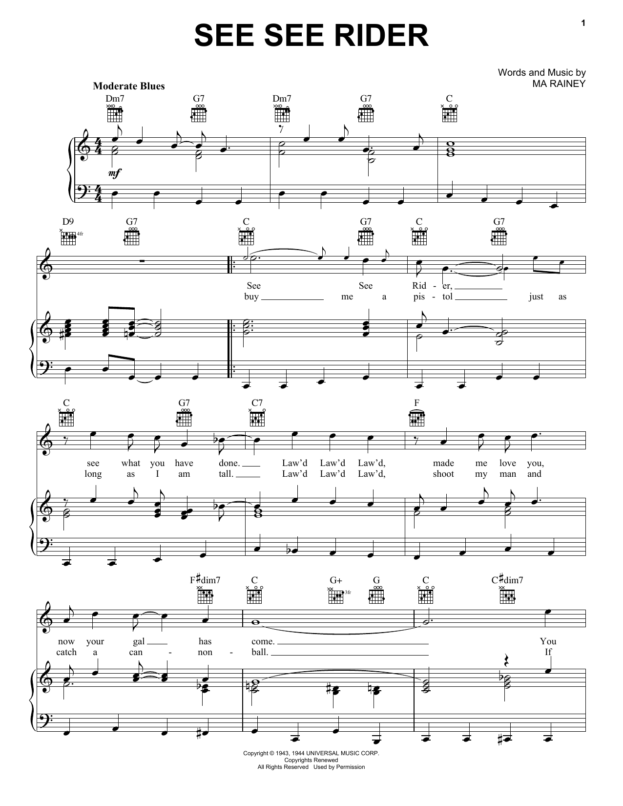 The Animals See See Rider Sheet Music
