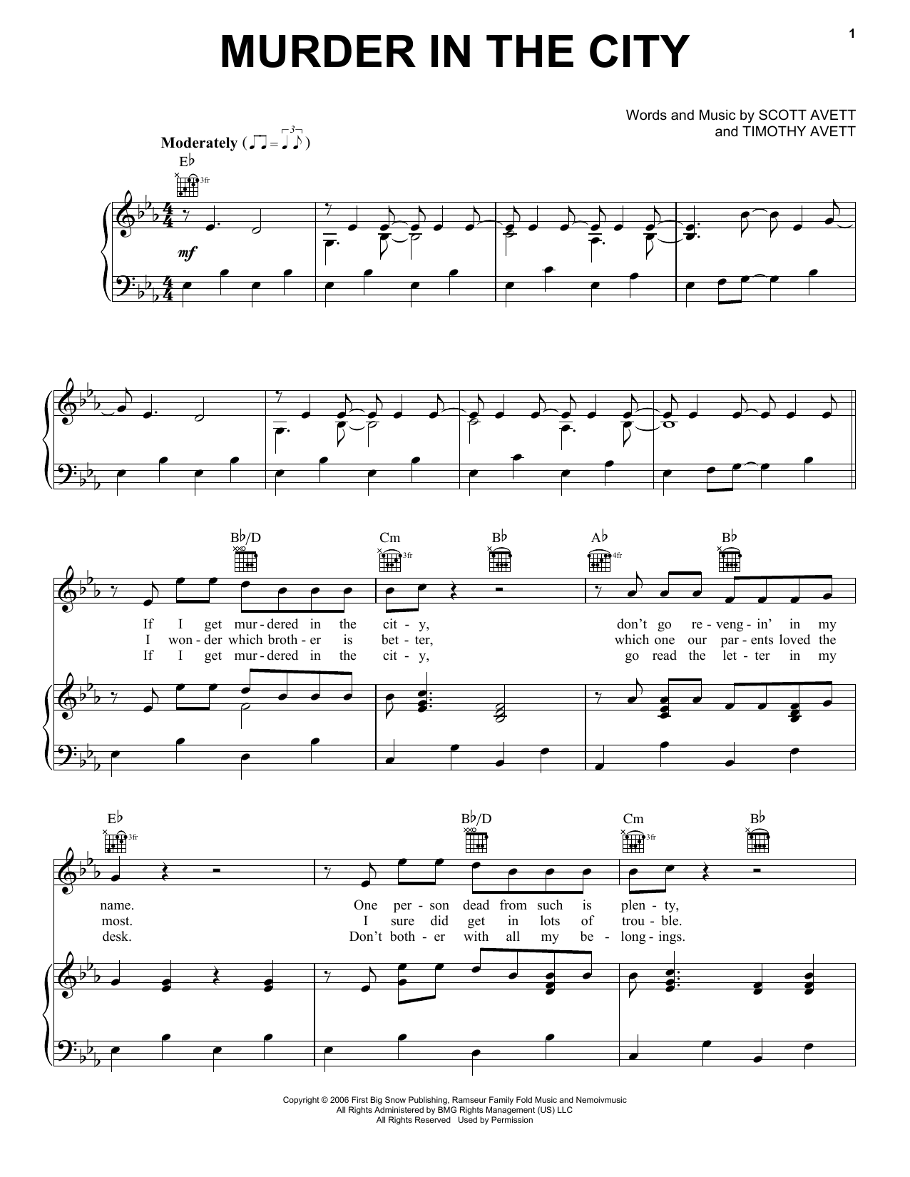 The Avett Brothers Murder In The City Sheet Music
