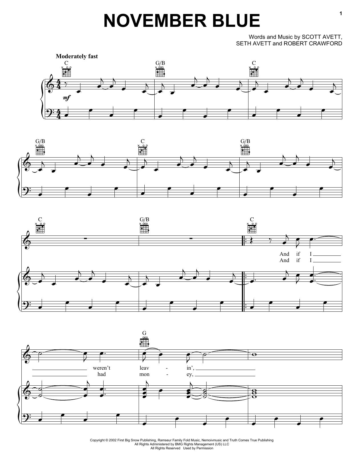 The Avett Brothers November Blue Sheet Music
