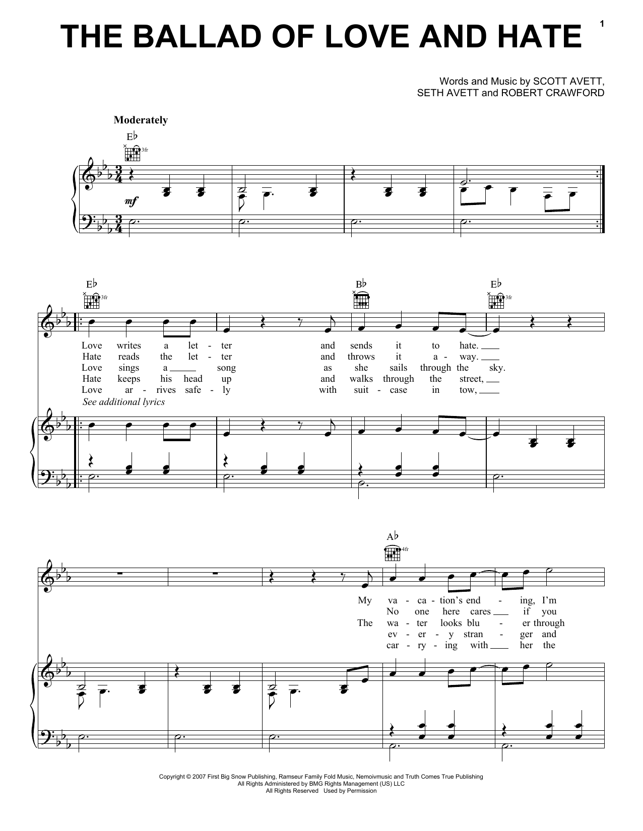The Avett Brothers The Ballad Of Love And Hate Sheet Music