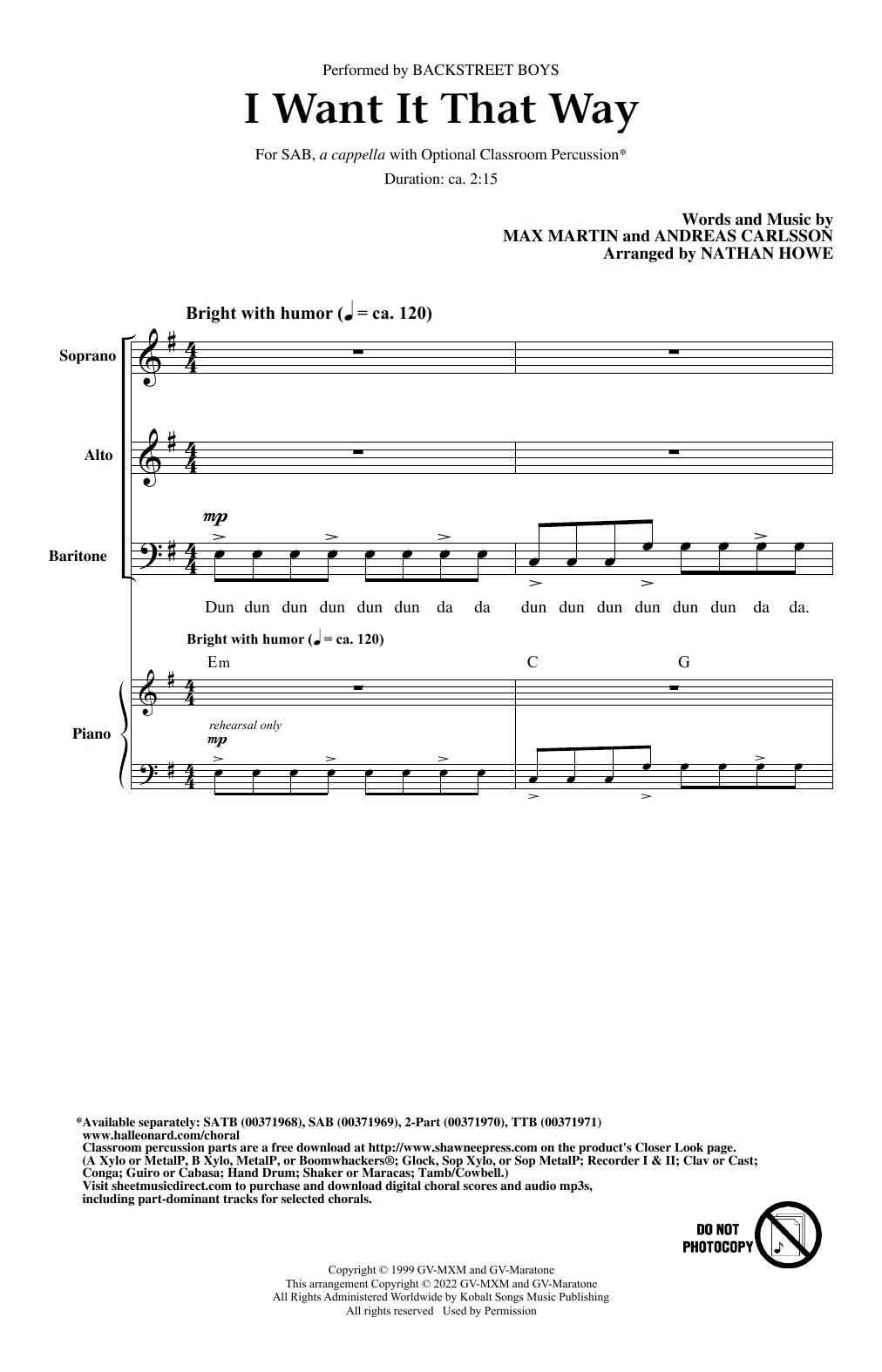Backstreet Boys I Want It That Way (arr. Nathan Howe) Sheet Music