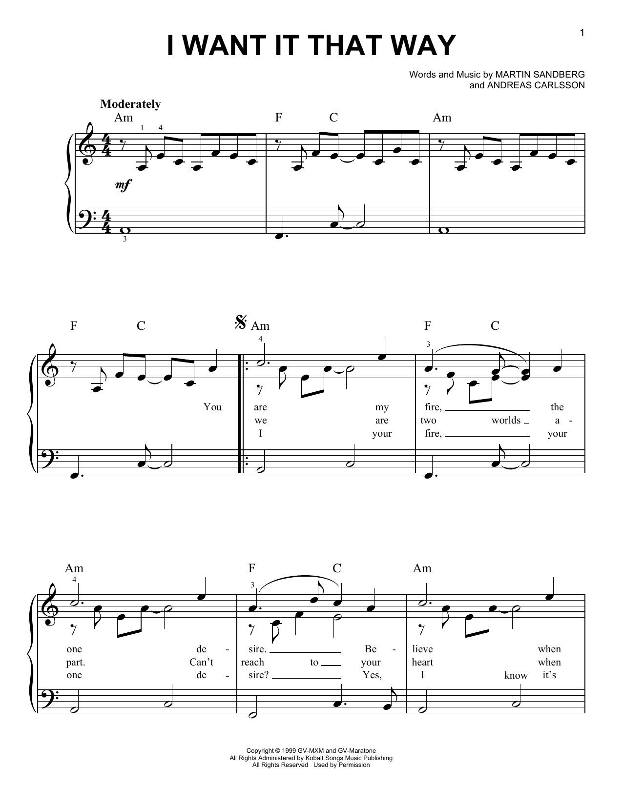 Backstreet Boys I Want It That Way Sheet Music