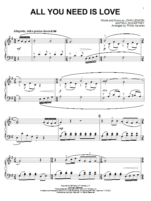 The Beatles All You Need Is Love (arr. Phillip Keveren) Sheet Music