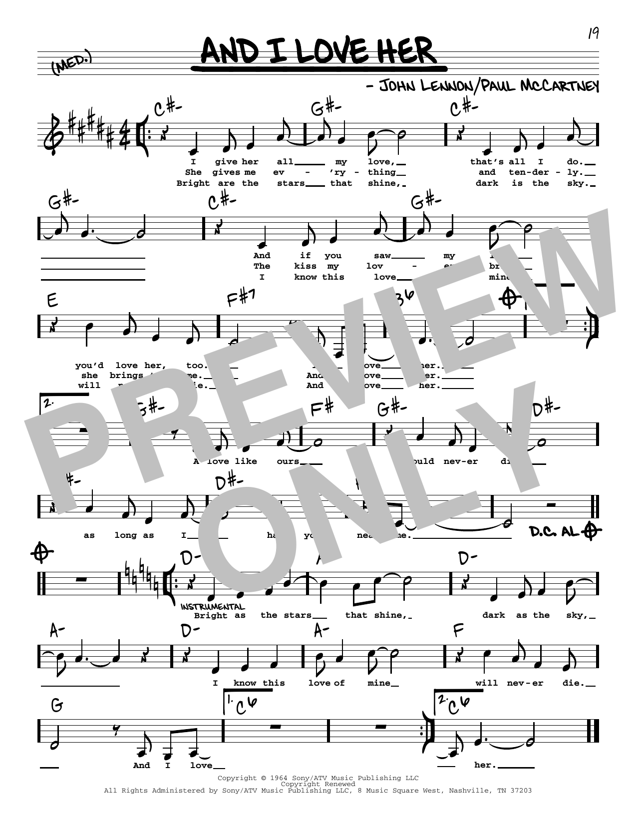 The Beatles And I Love Her (Low Voice) Sheet Music
