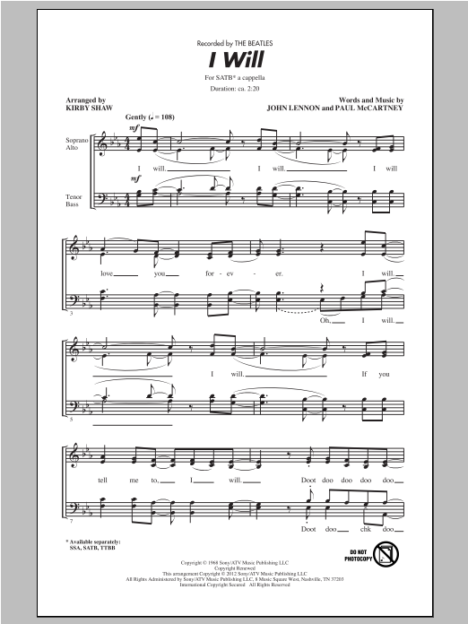 The Beatles I Will (arr. Kirby Shaw) Sheet Music