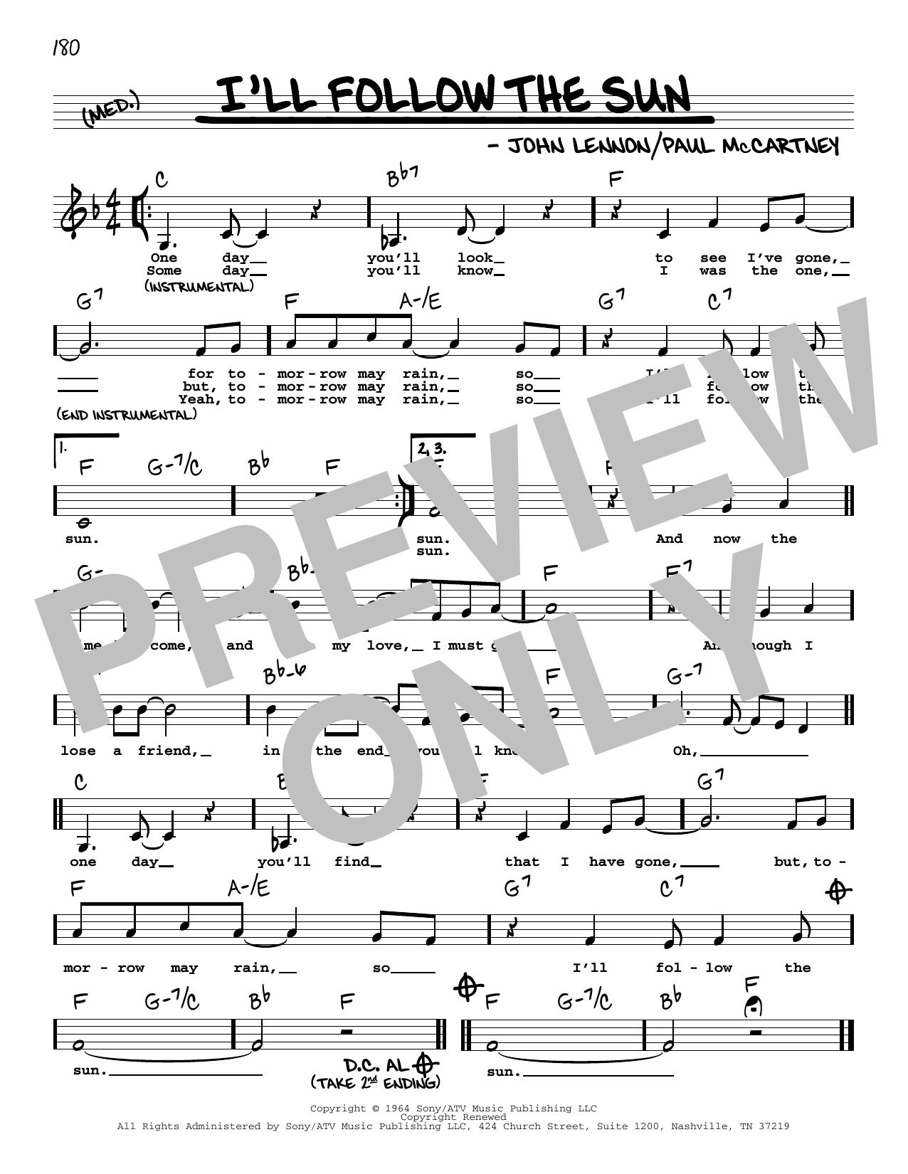 The Beatles I'll Follow The Sun (Low Voice) Sheet Music