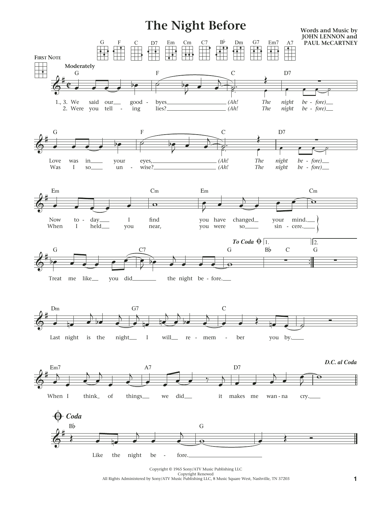The Beatles The Night Before (from The Daily Ukulele) (arr. Liz and Jim Beloff) Sheet Music