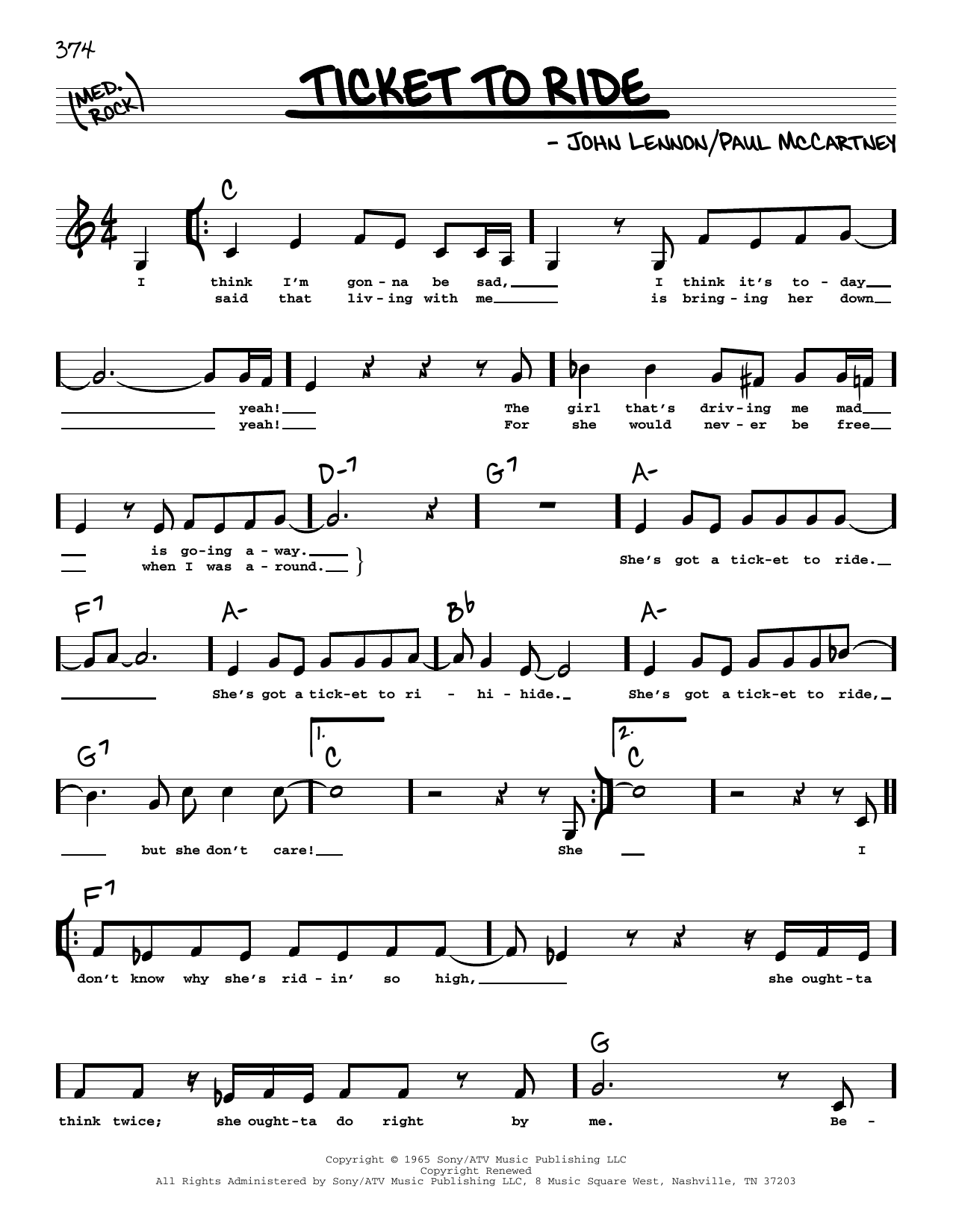 The Beatles Ticket To Ride (Low Voice) Sheet Music