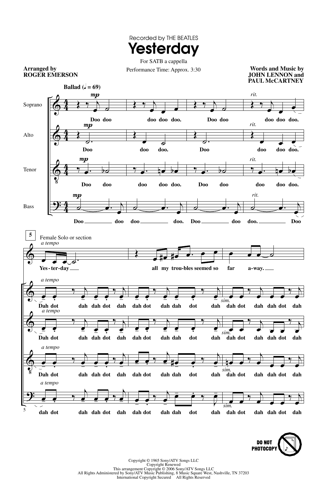 The Beatles Yesterday (arr. Roger Emerson) Sheet Music