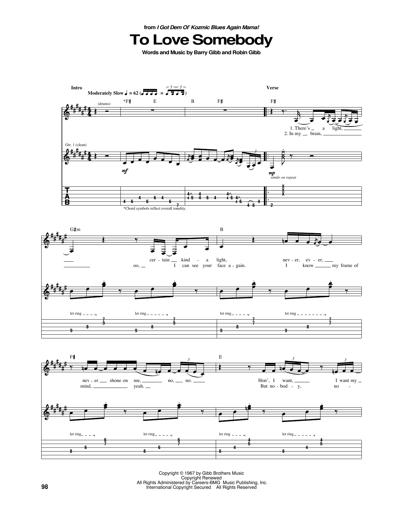 The Bee Gees To Love Somebody Sheet Music