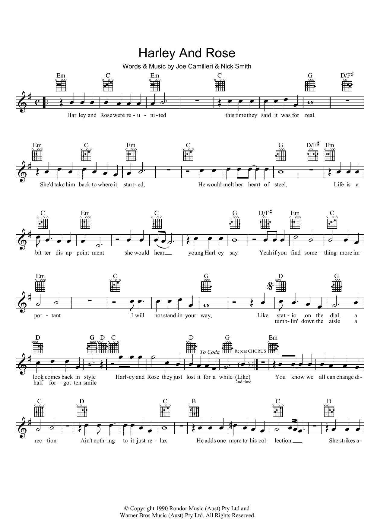 The Black Sorrows Harley And Rose Sheet Music