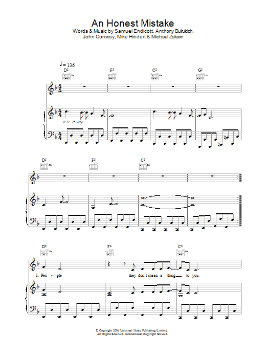 The Bravery Honest Mistake Sheet Music