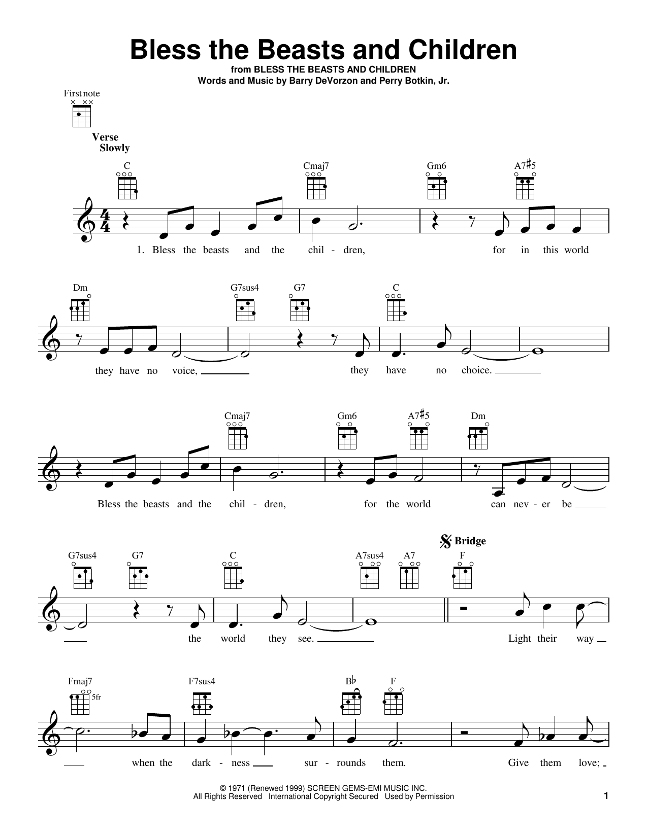 Carpenters Bless The Beasts And Children Sheet Music