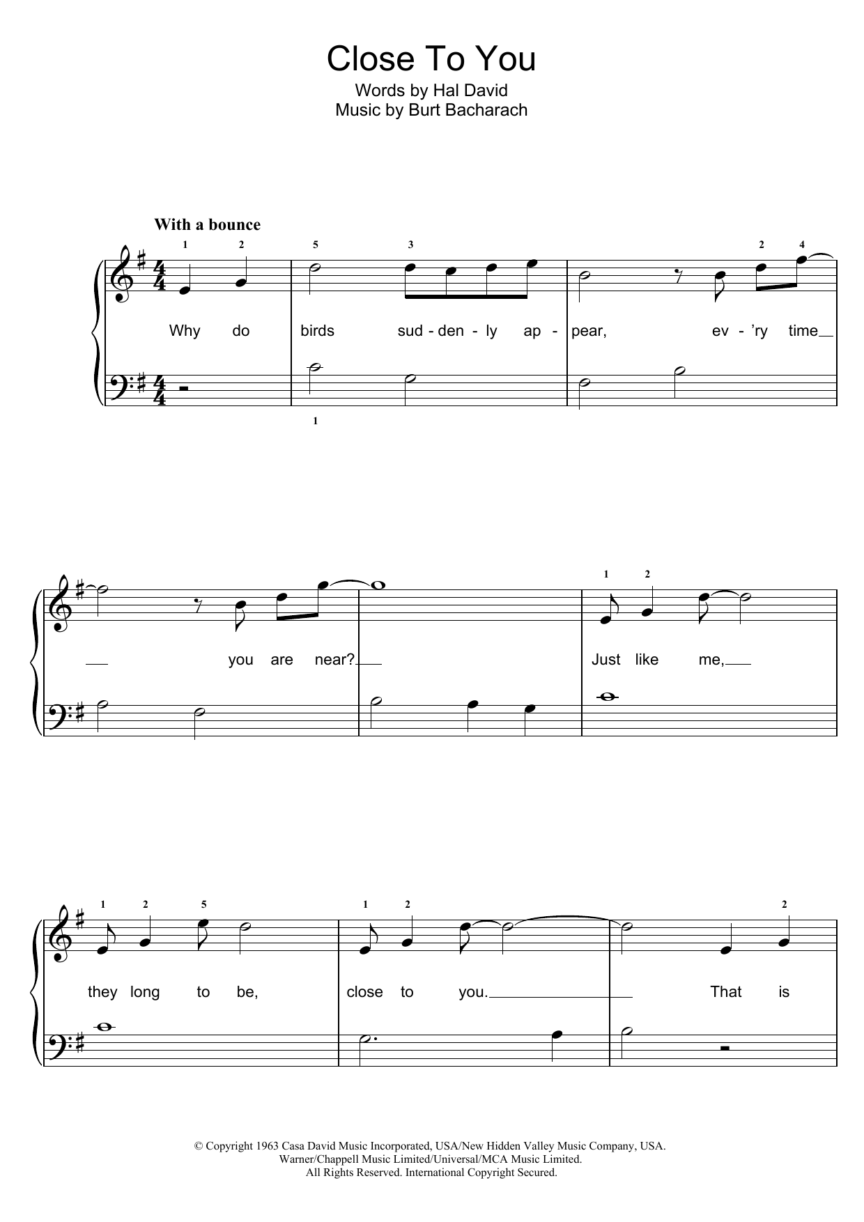 The Carpenters Close To You (They Long To Be) Sheet Music