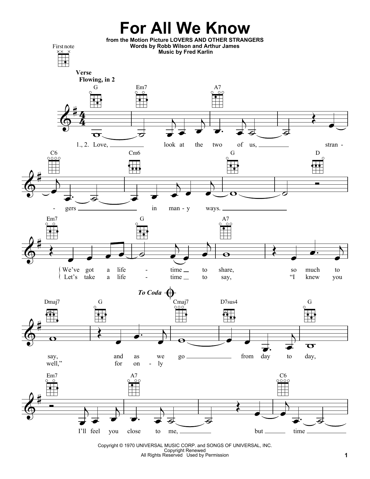 Carpenters For All We Know Sheet Music