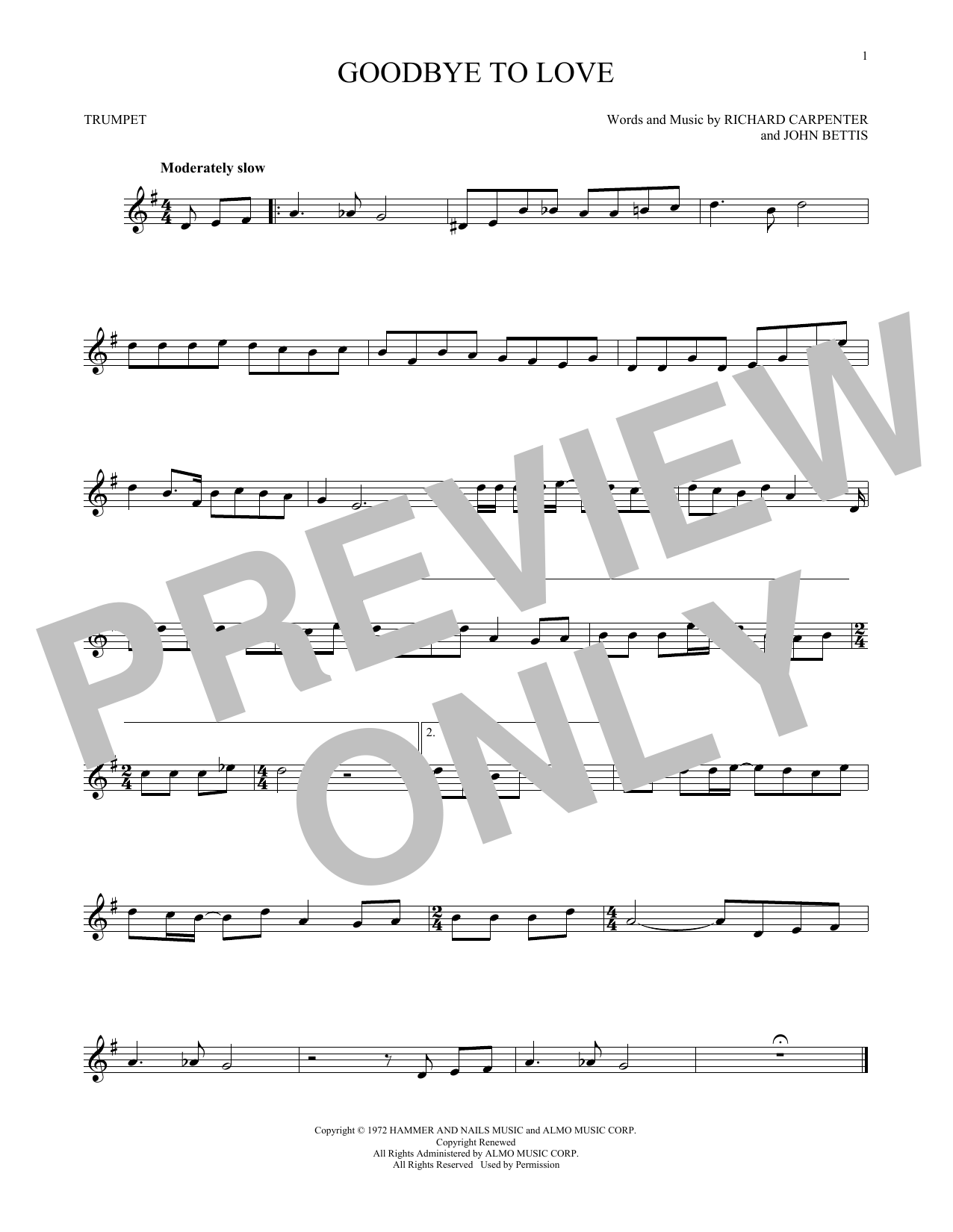 Carpenters Goodbye To Love Sheet Music