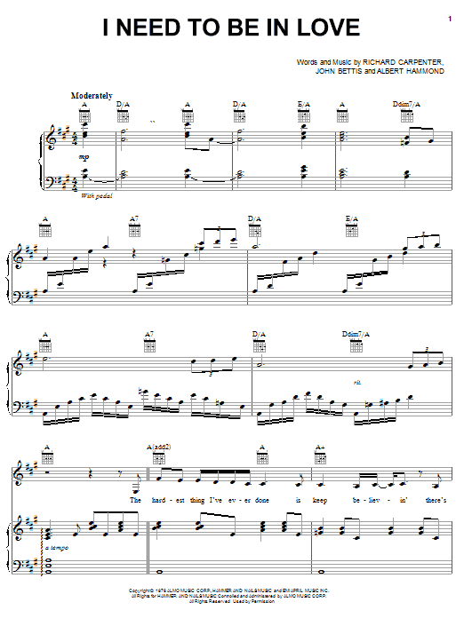 Carpenters I Need To Be In Love Sheet Music